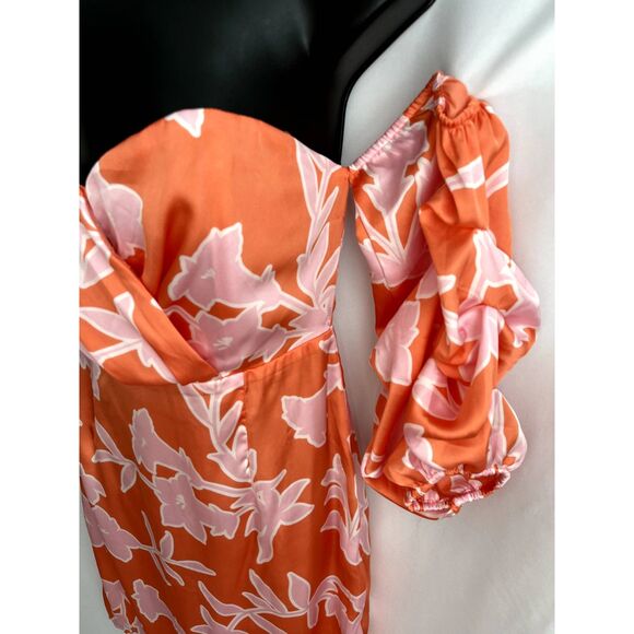 Lulu's Baros Coral Orange Floral Print Off Shoulder Bodycon Dress S Barbie Pink - Picture 4 of 12